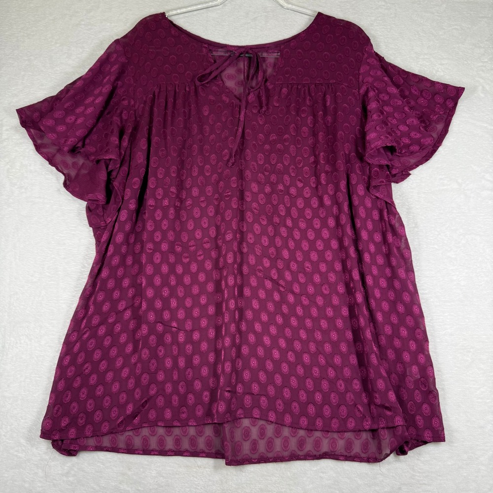 Torrid Burgundy Purple Textured Clip Dot Flutter Sleeve Tie Neck Blouse 1X